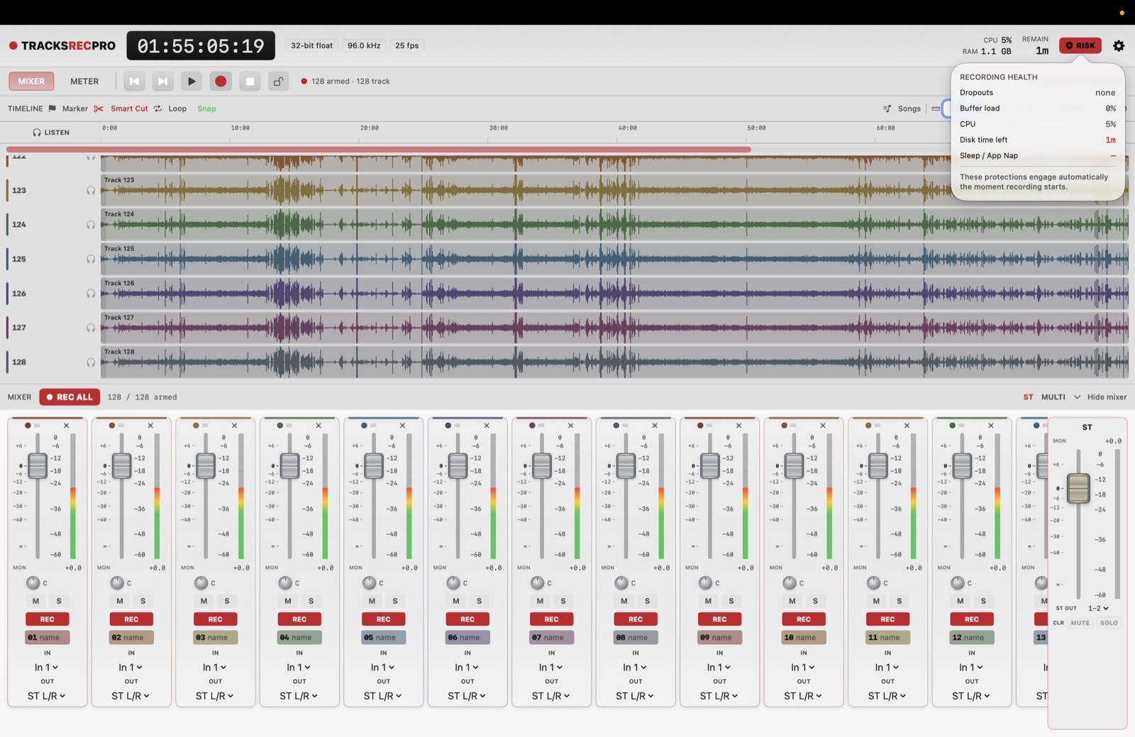 Recording health at 128 channels: dropouts none, buffer 0%, CPU 5%, with a low-disk warning before it fills